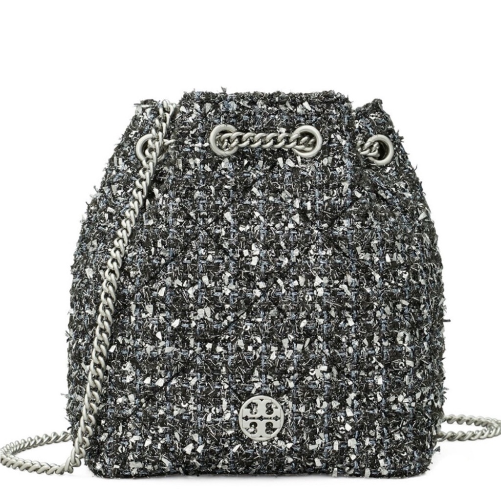 Tory Burch Willa Metallic Tweed Small Drawstring Bag In Black Multi Nwt